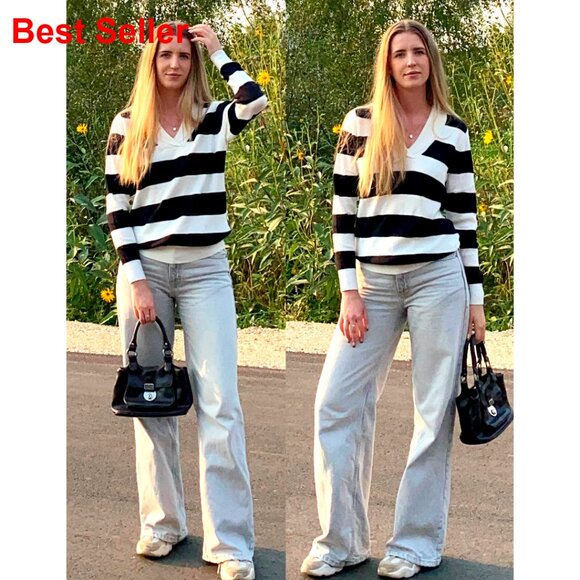 V-Neck Polo Collar Knit Sweater Tunic, Business Casual Pullover, Long Sleeve - Picture 5 of 7